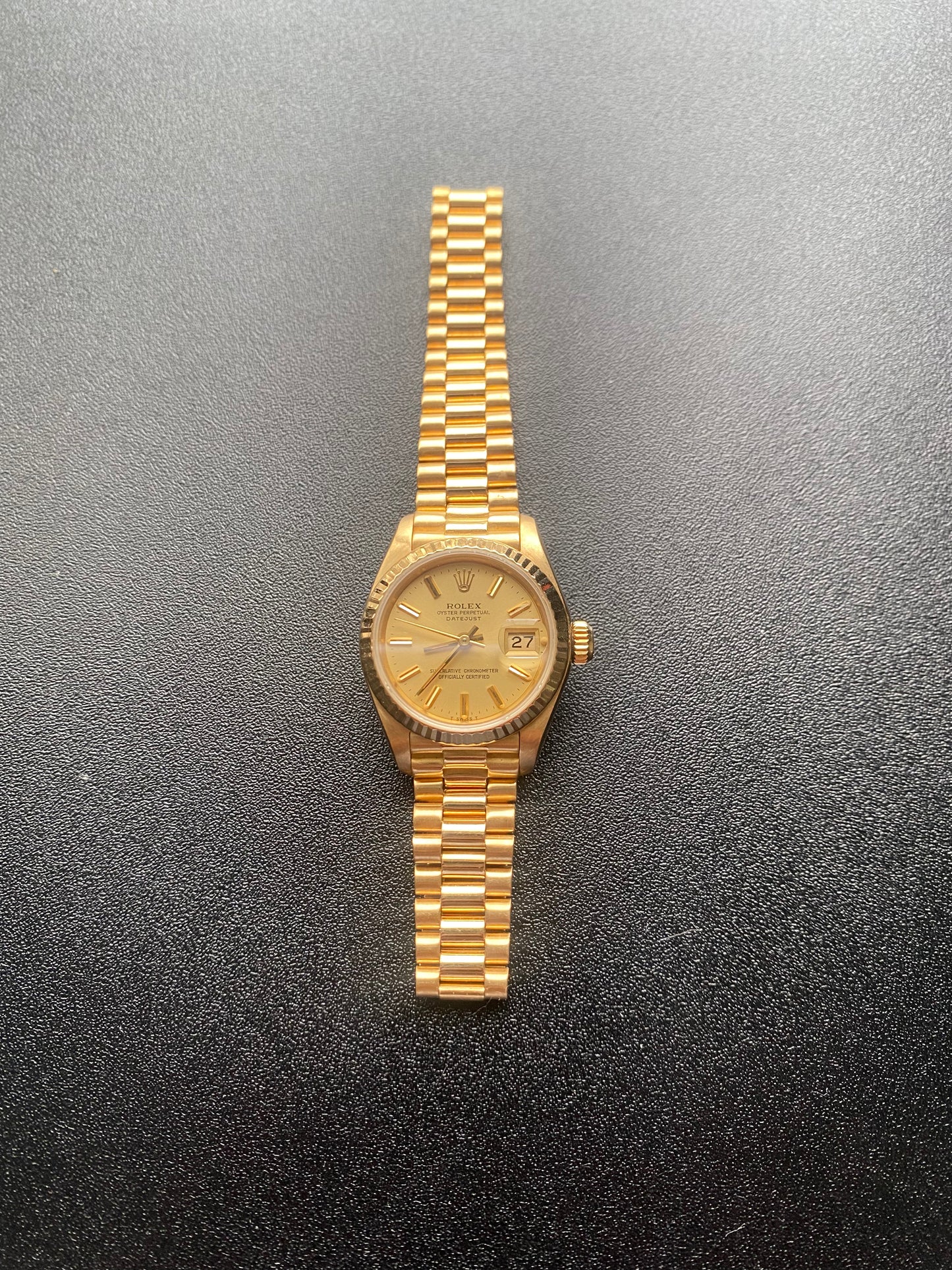 Ladies "President" 18 Kt Gold Rolex Presidential watch 26 mm model #69178, with gold-tone dial, circa 1984